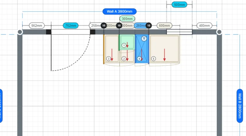 The 2D planner with a room laid out and every run dimensioned