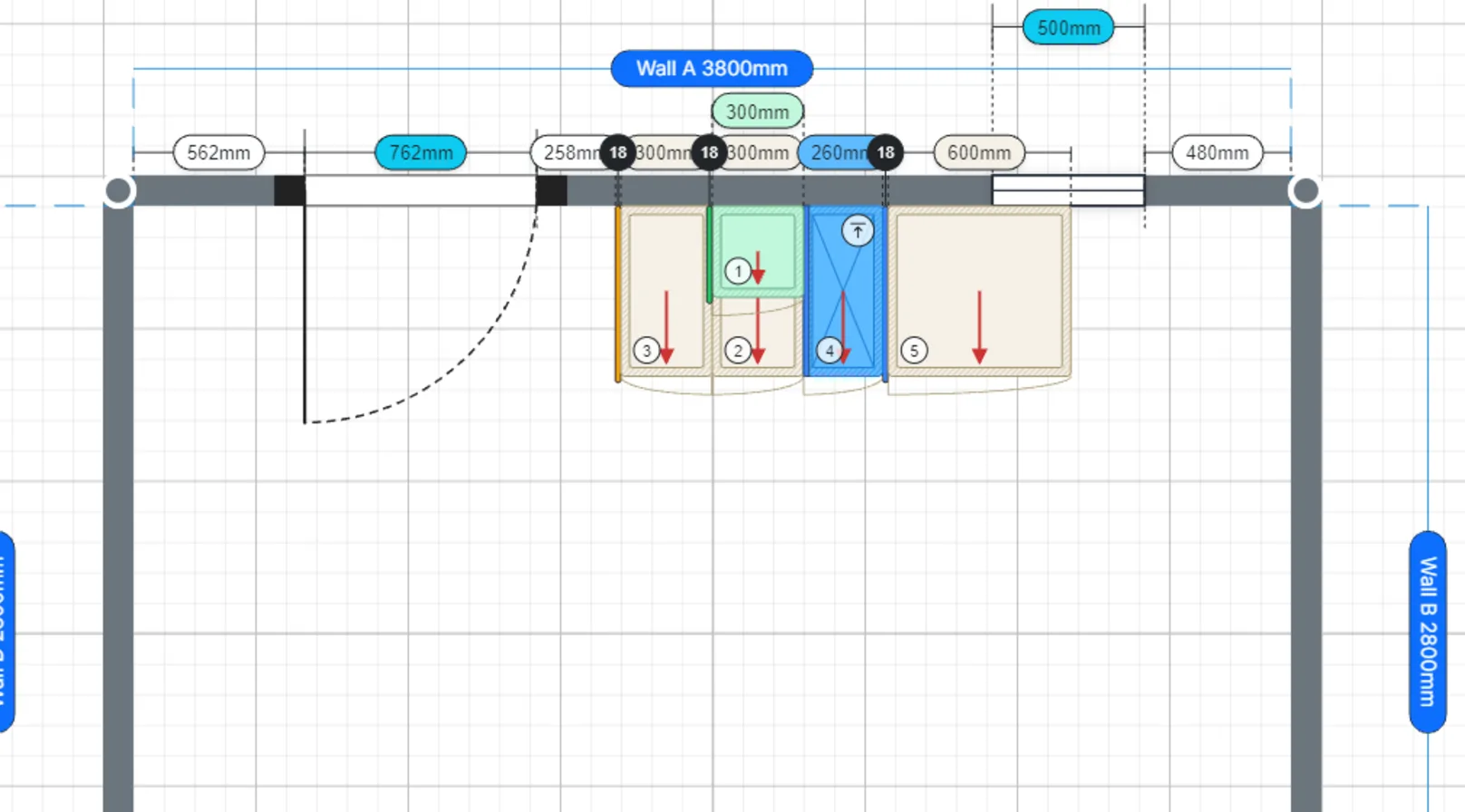 The 2D planner with a room laid out and every run dimensioned